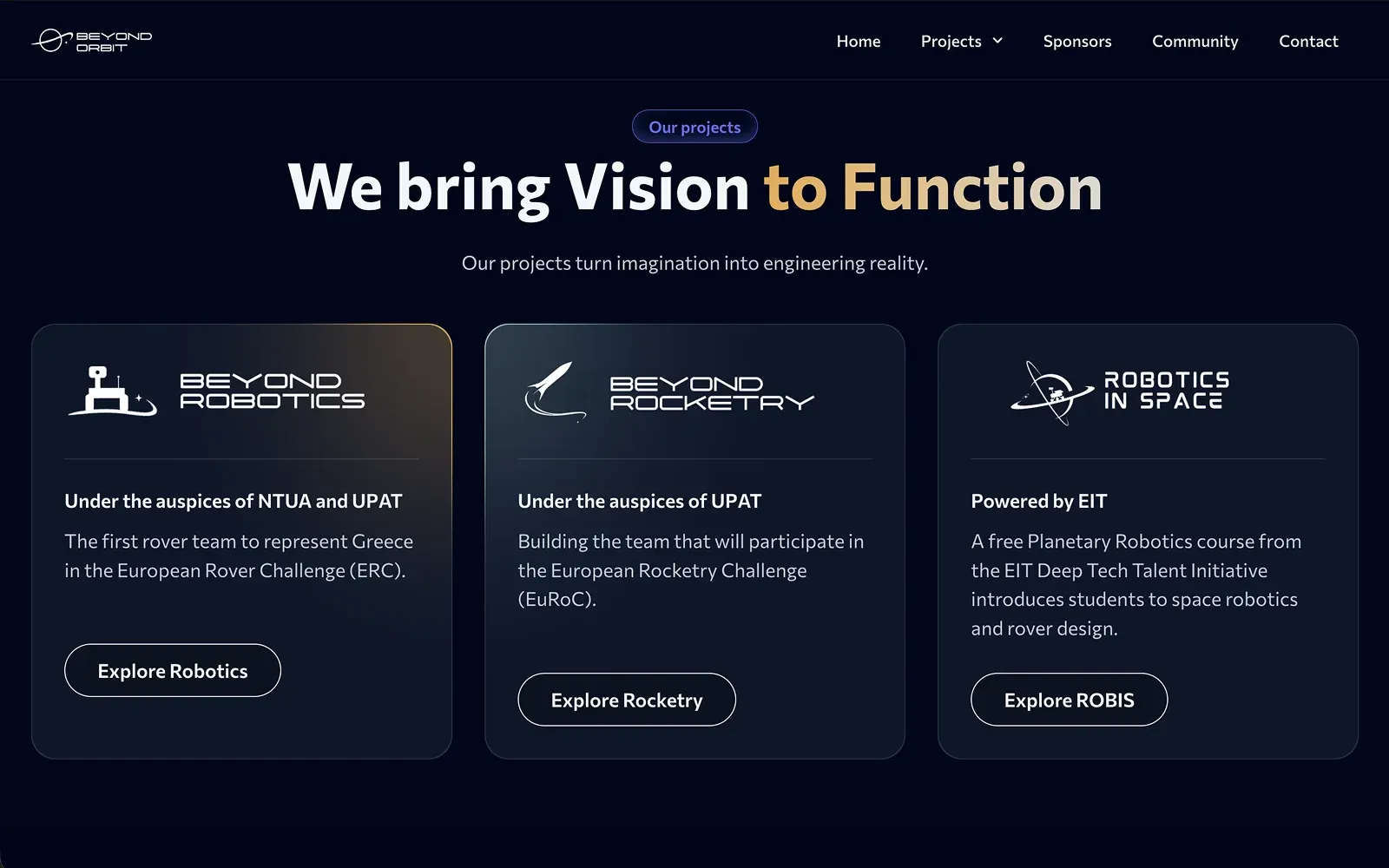 The Beyond Orbit projects section — three dark cards for Beyond Robotics, Beyond Rocketry and Robotics in Space