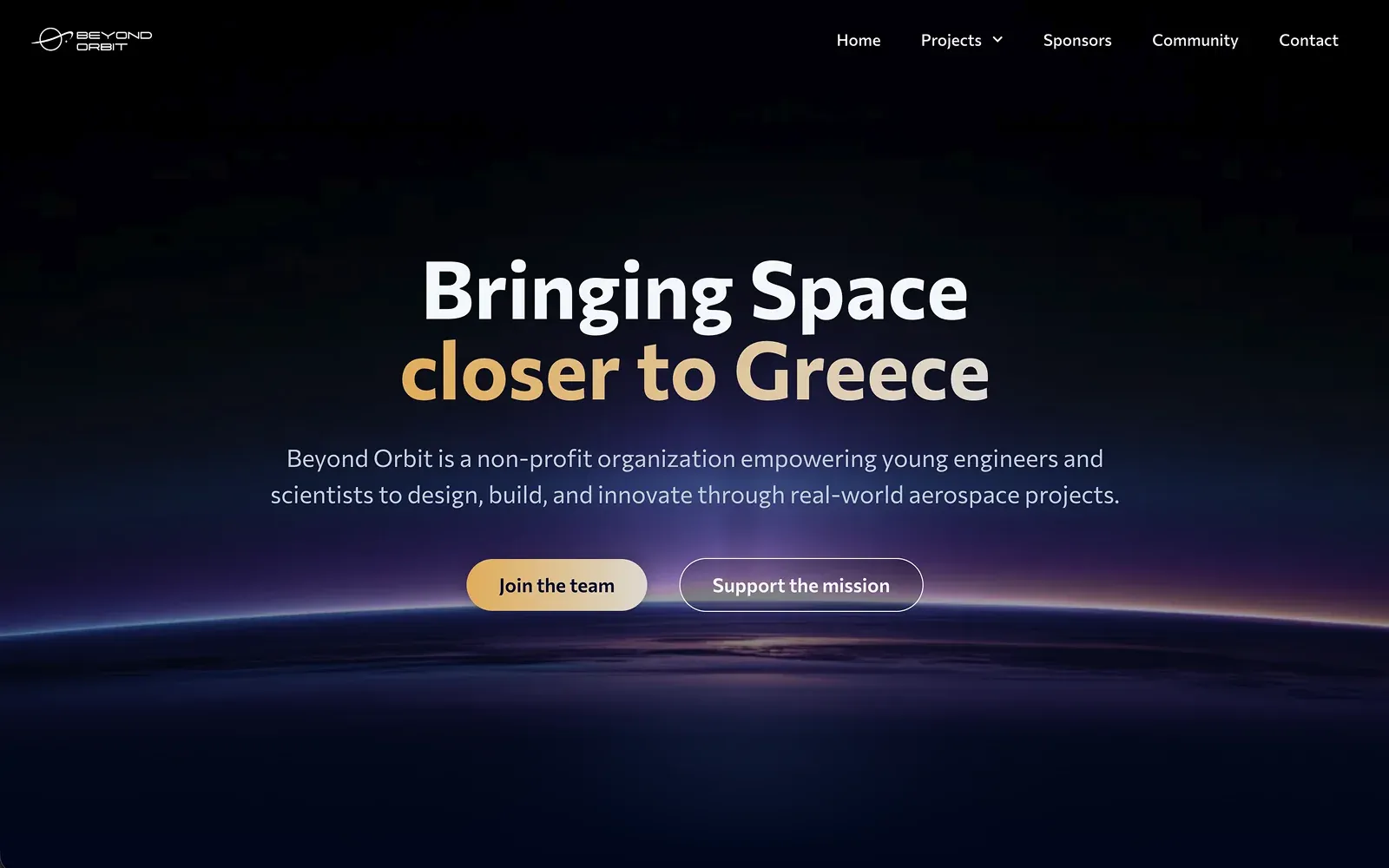 The Beyond Orbit homepage — a centred headline over the curve of the Earth glowing at the horizon