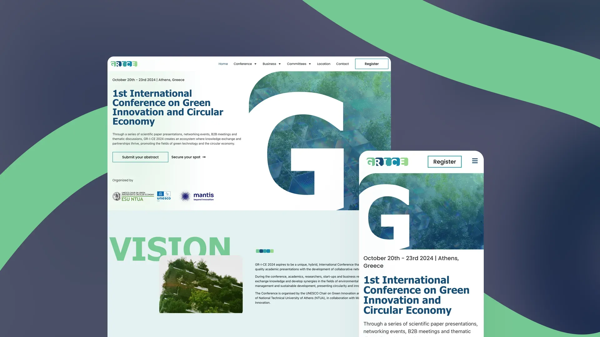 The GRICE conference site on desktop and mobile — “1st International Conference on Green Innovation and Circular Economy” beside a giant letter G filled with a leaf photograph, above the NTUA and UNESCO organiser logos