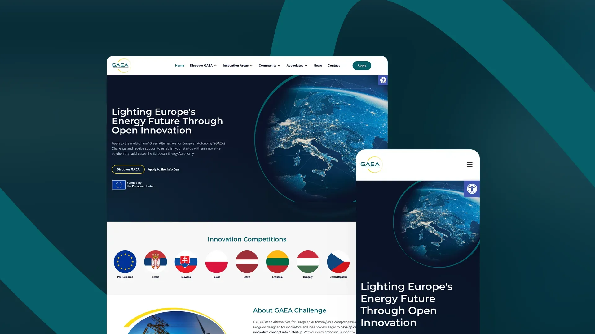 The GAEA Challenge site on desktop and mobile — the headline “Lighting Europe’s Energy Future Through Open Innovation” beside a night-lit globe of Europe, above a row of national flags for the innovation competitions