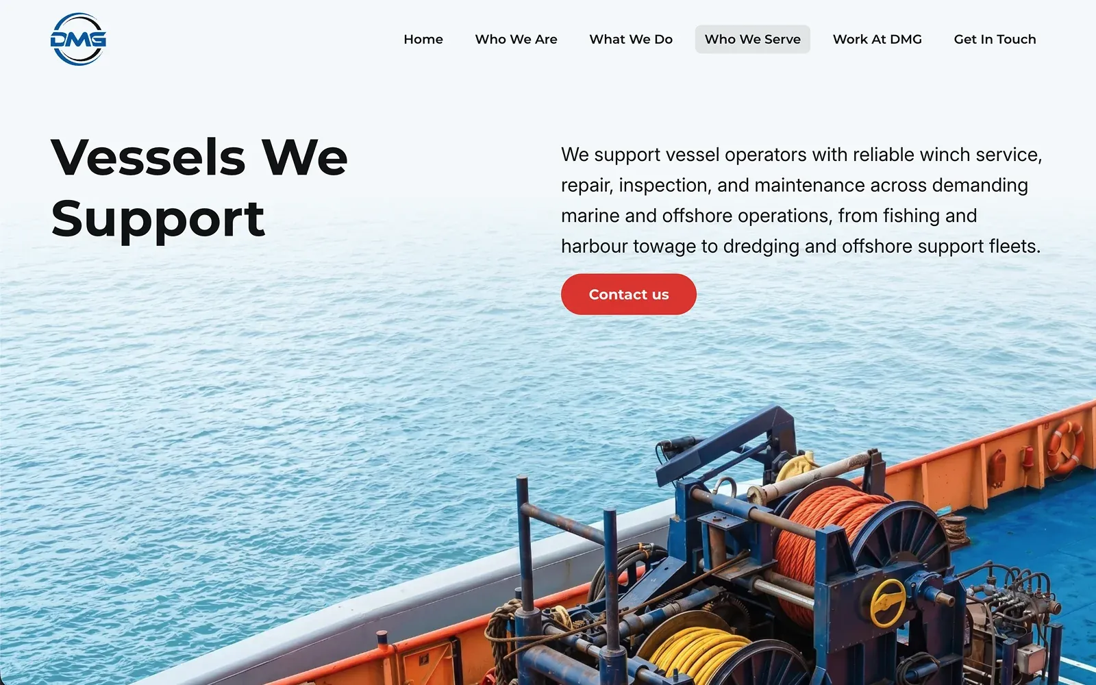The DMG Holland “Vessels We Support” page — a two-column headline over a pale sea and a deck-mounted winch