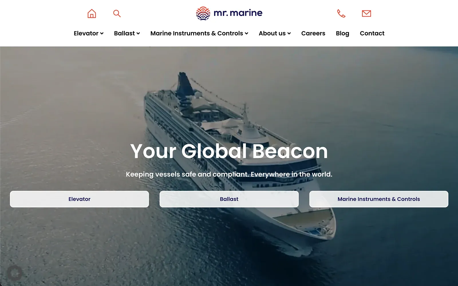 The Mr. Marine homepage — a headline and three service pills over an aerial photograph of a cruise ship at sea