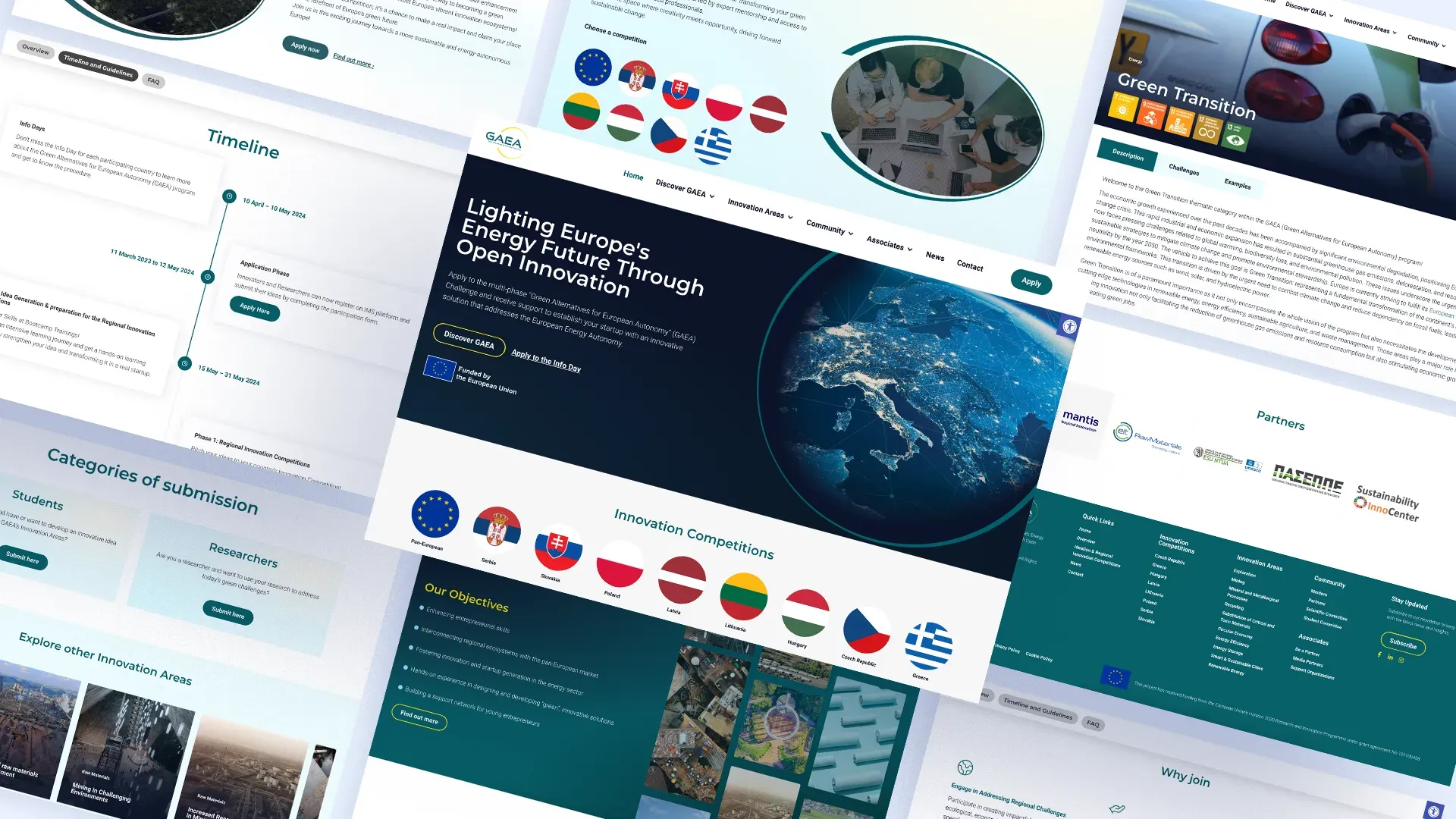 Pages from the GAEA Challenge site laid out on an angle — the home page, the programme timeline, the submission categories, a Green Transition thematic page and the partner logos