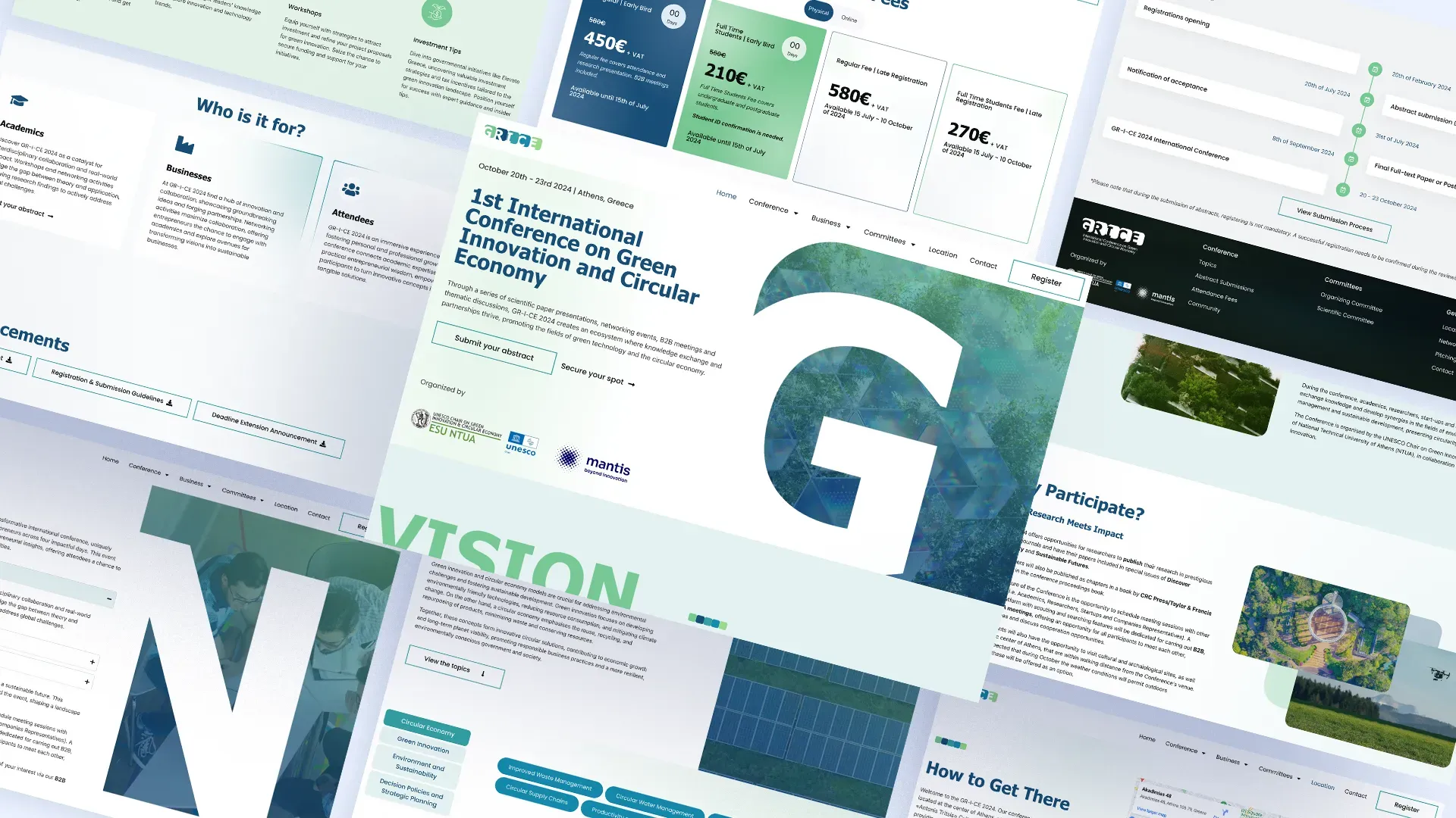 Pages from the GRICE site laid out on an angle — the home page, the registration fees, the submission timeline, “Who is it for”, the dark committees page and a travel map