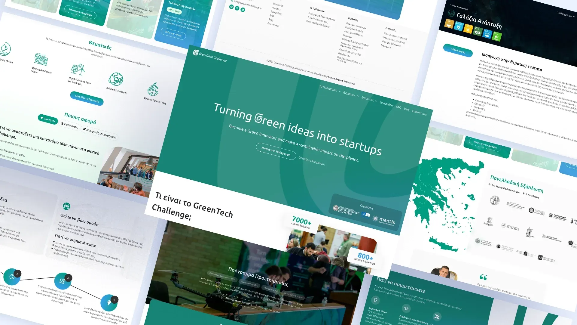 Pages from the GreenTech Challenge site laid out on an angle — the home page, the thematic areas, the preparation programme, a map of Greece showing national reach and the participant timeline