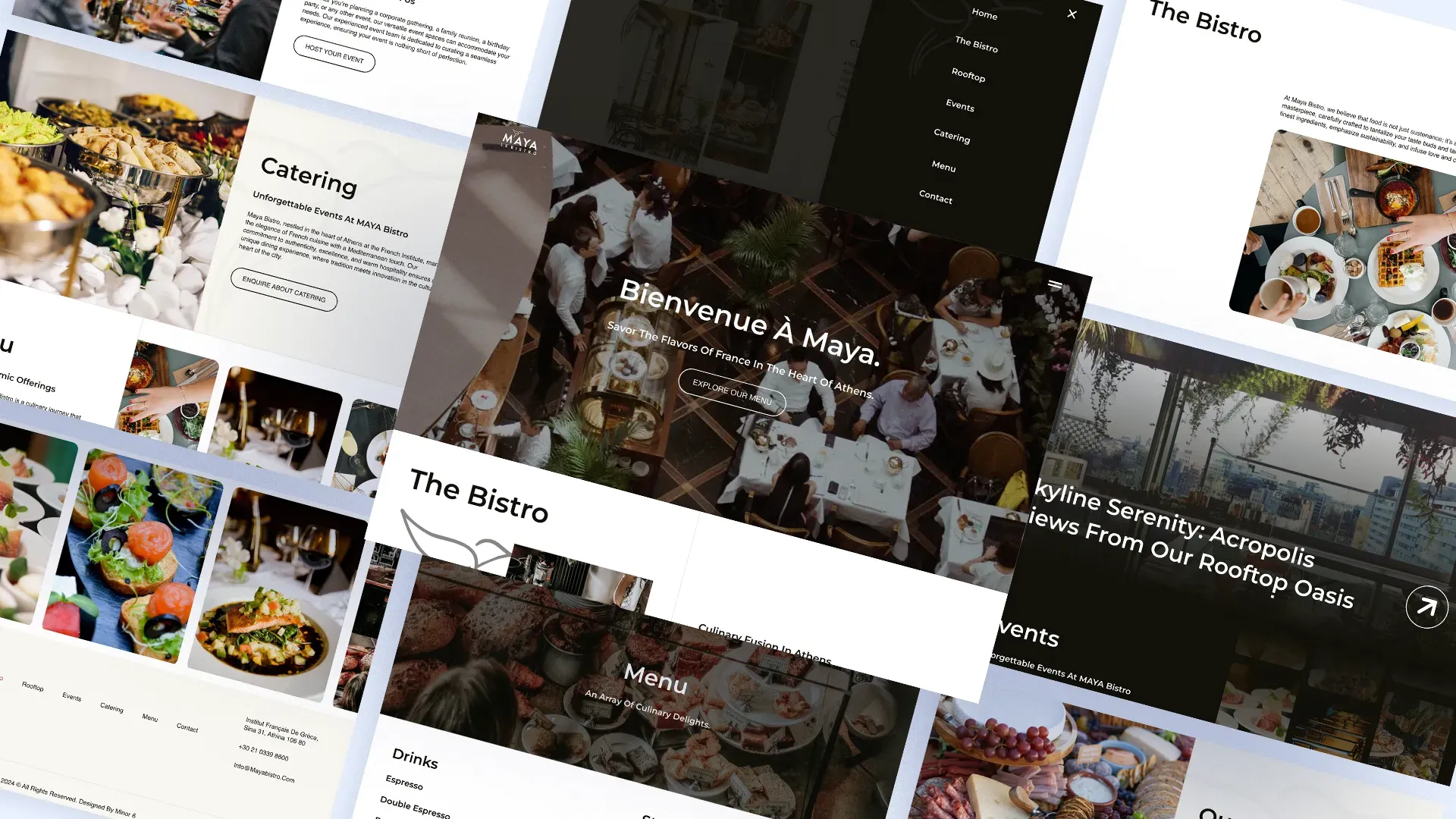 Pages from the Maya Le Bistro site laid out on an angle — the home page, the catering page, the menu, the navigation overlay and the rooftop events section