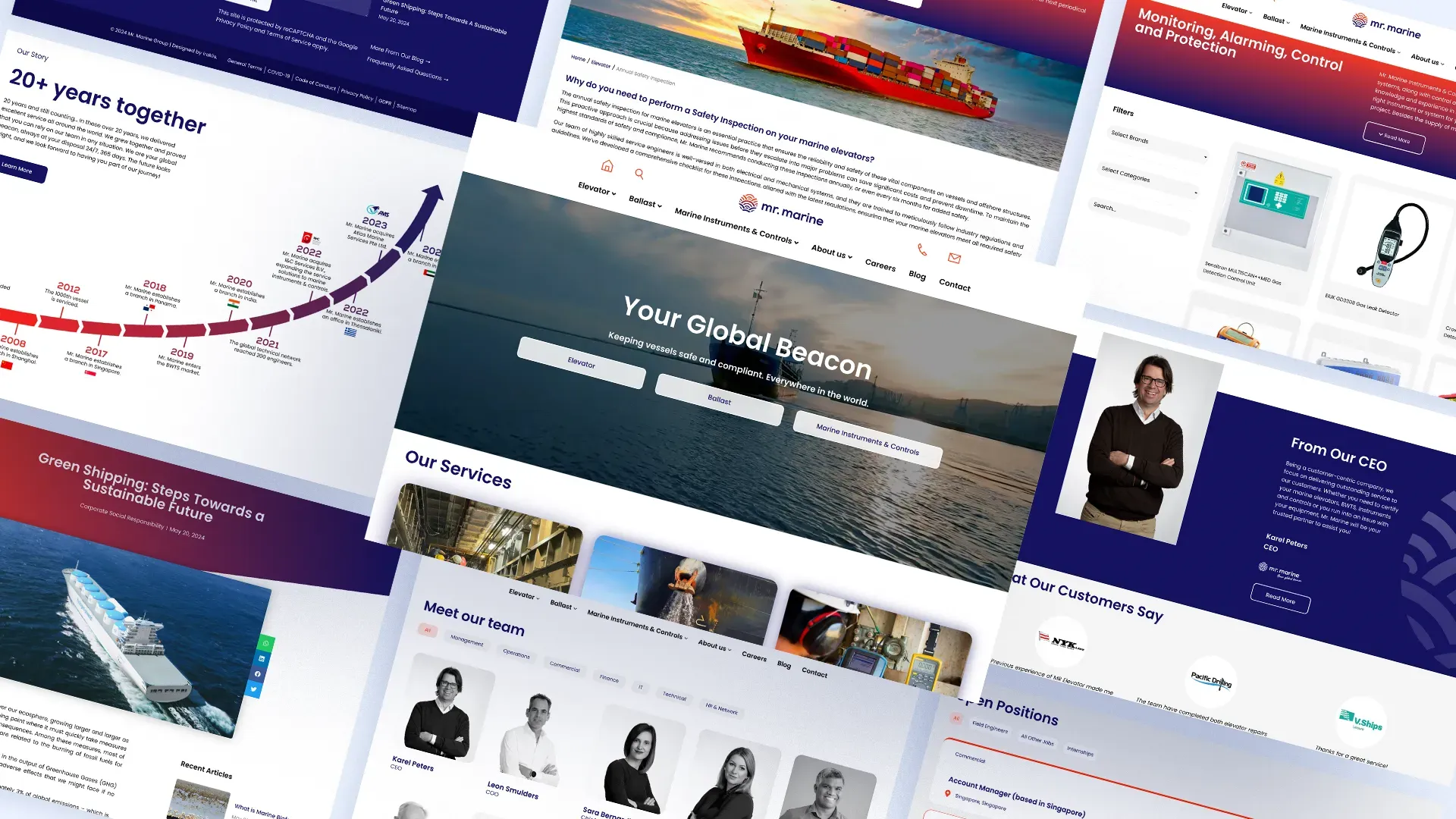Pages from the Mr. Marine site laid out on an angle — the 20-year company timeline, a technical blog article, the Marine Instruments catalogue, the team directory, a CEO message and open positions