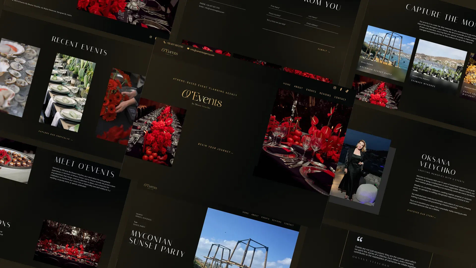 Pages from the O'Events site laid out on an angle — the home page, Recent Events, Meet O'Events, an event write-up, the founder's profile and the contact form