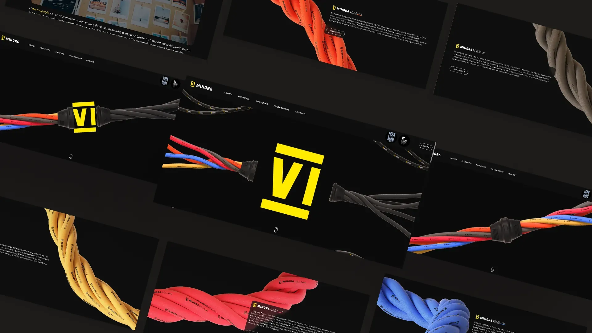 Pages from the Minor 6 site laid out on an angle — the home screen and the agency, recording, marketing, photography and podcast sections, each keyed to a different cable colour