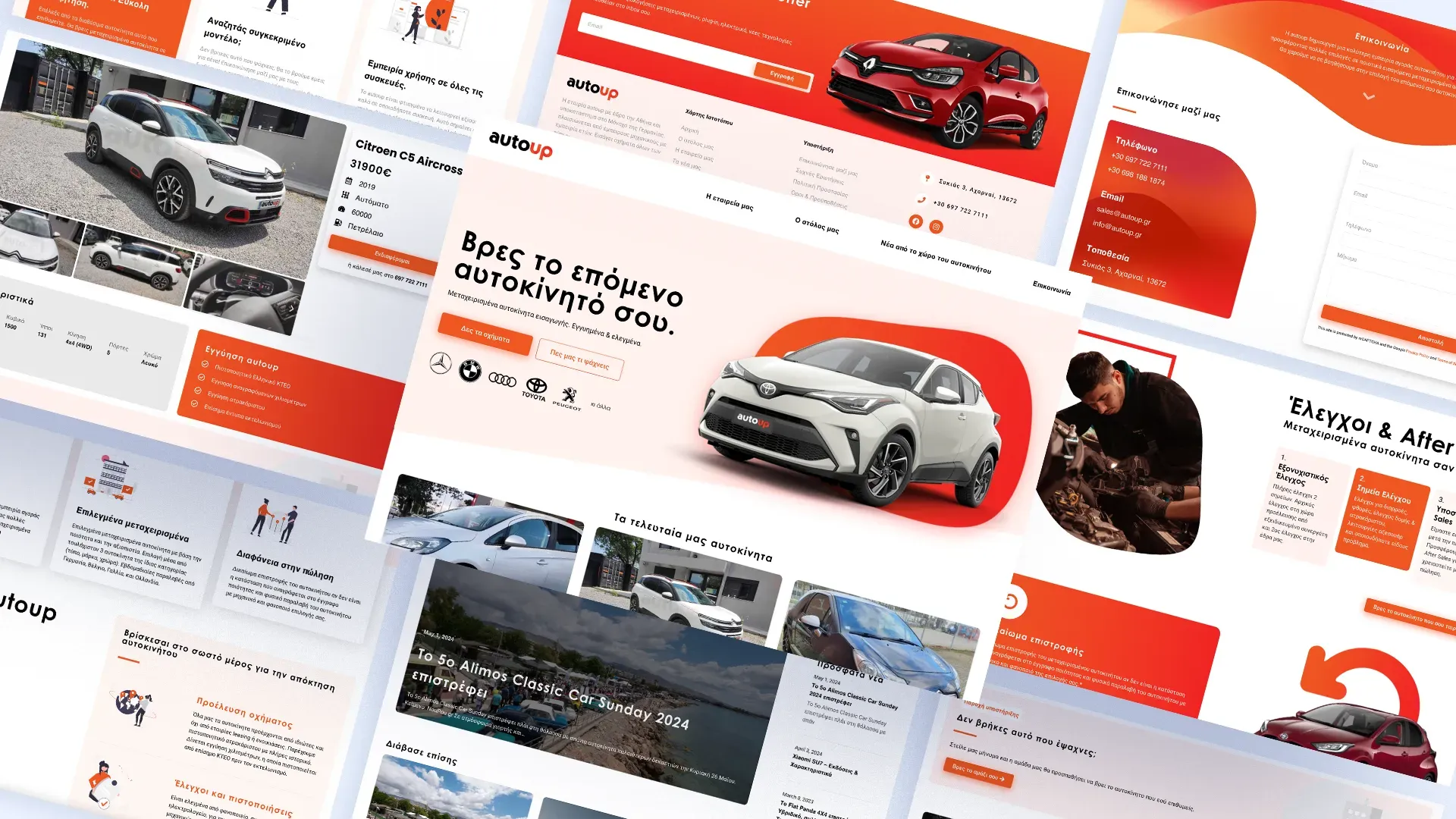Pages from the Autoup site laid out on an angle — a vehicle detail page with specifications, the guarantee and inspection sections, the automotive blog, and the contact page